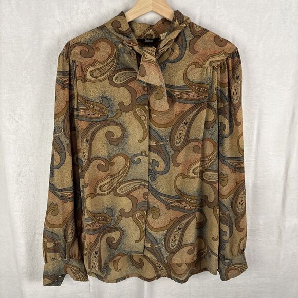 70's Dalton Kassel Brothers Multi-color Paisley Print Tie Neck Blouse Size 14 - Picture 1 of 6